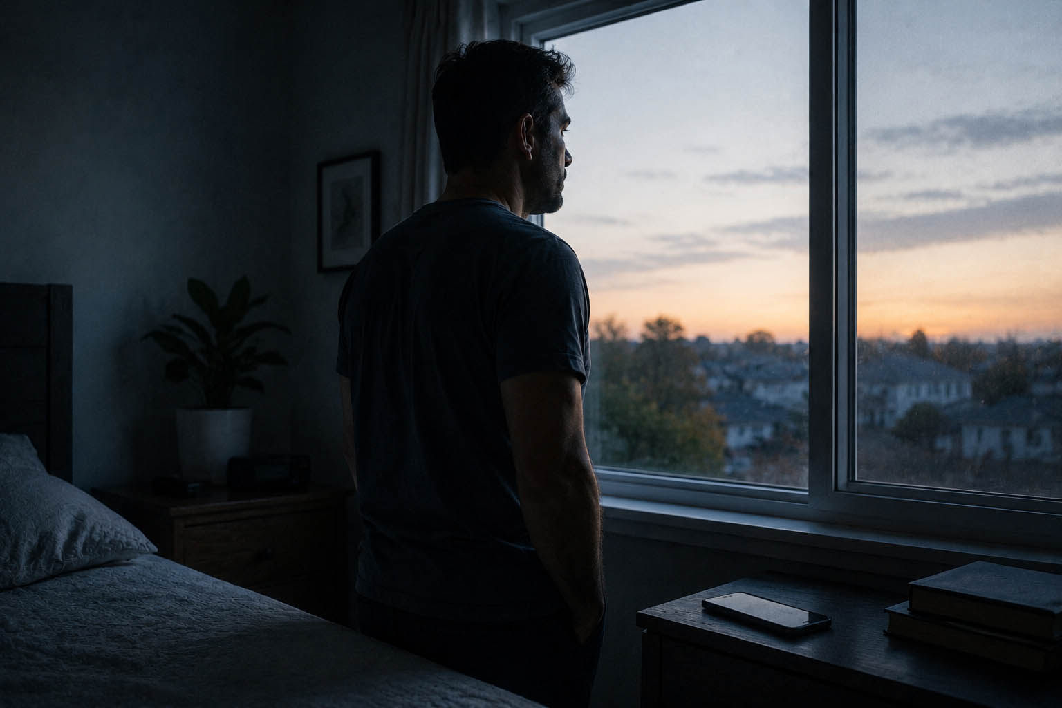 A man awake at the window in the first grey light of morning