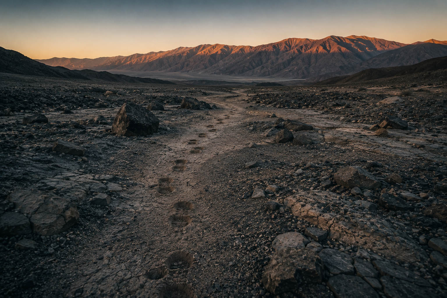 A line of footprints pressed into the dust of the road behind