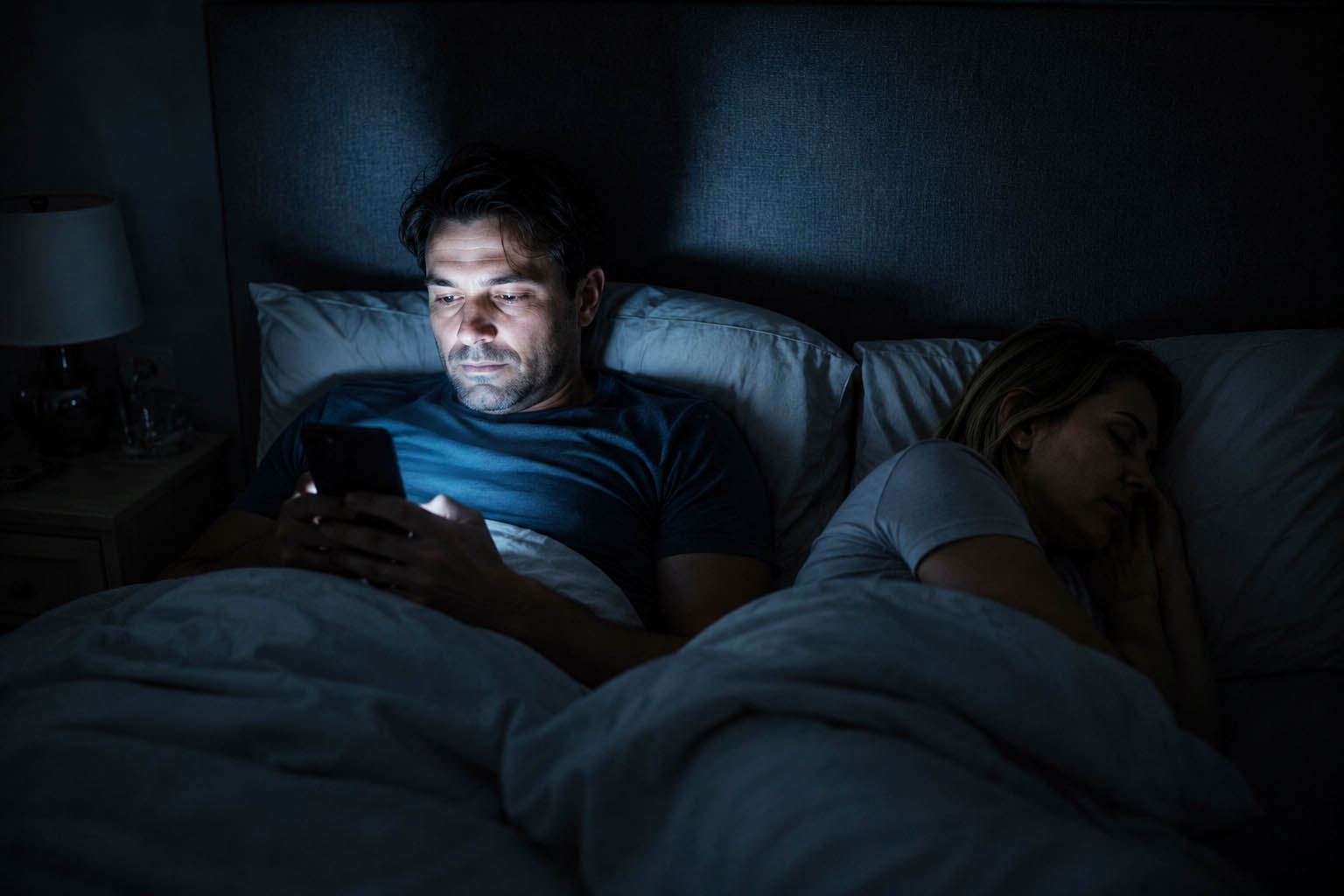 A man under the covers at night, phone glow on his face, his wife asleep beside him