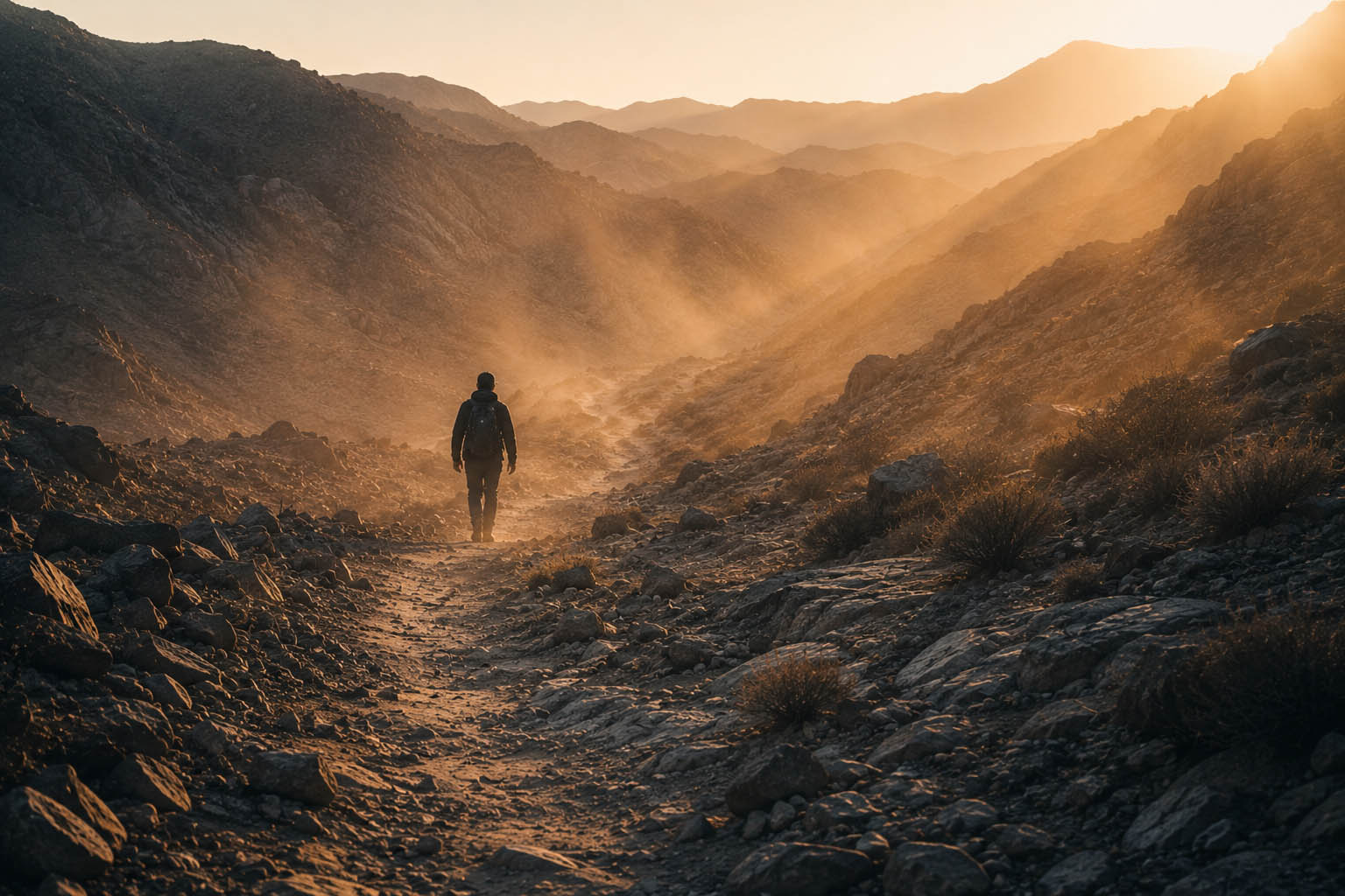 Low light breaking through dust across the road ahead