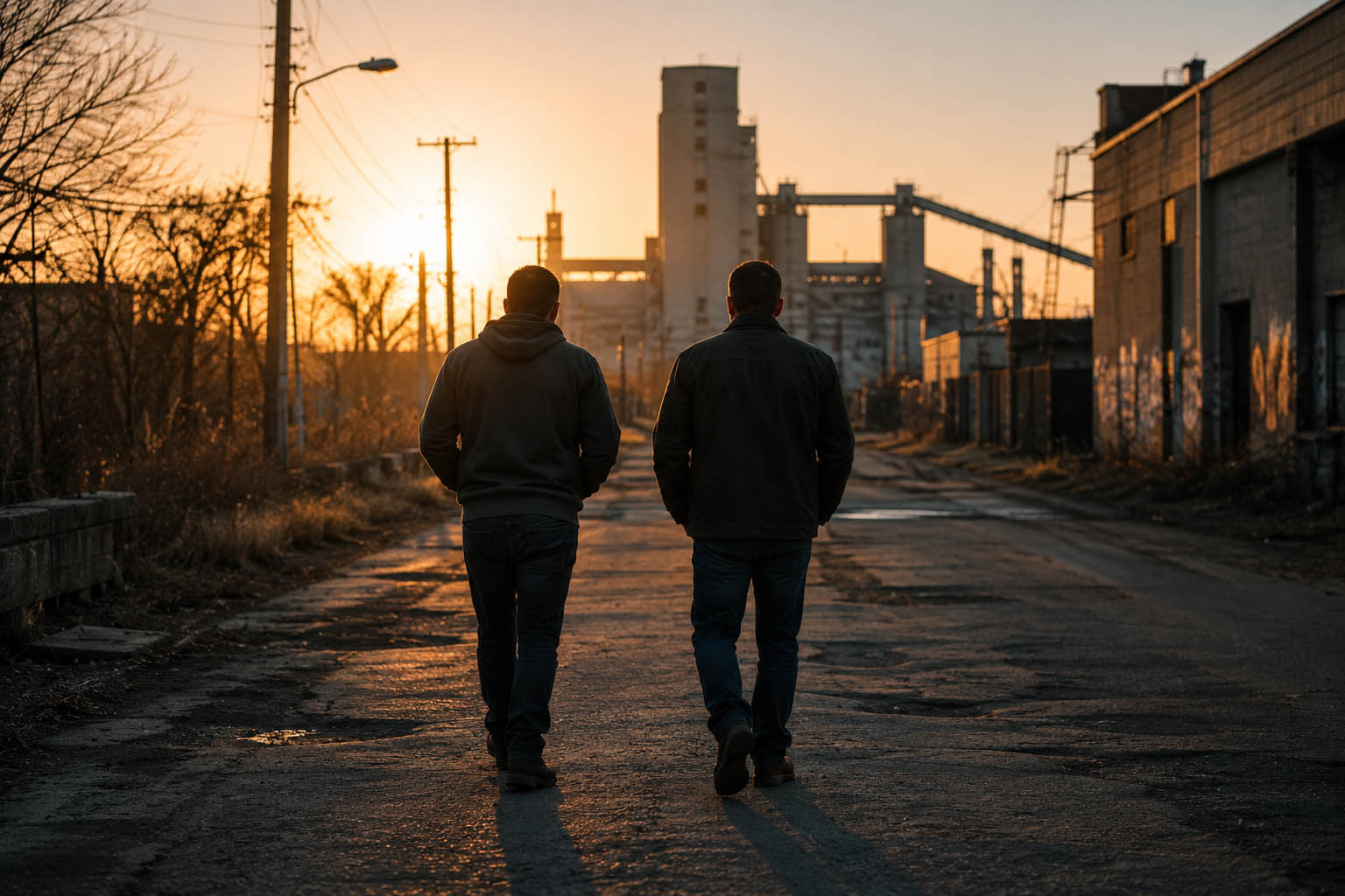 Two men walking a road shoulder to shoulder, eyes ahead.
