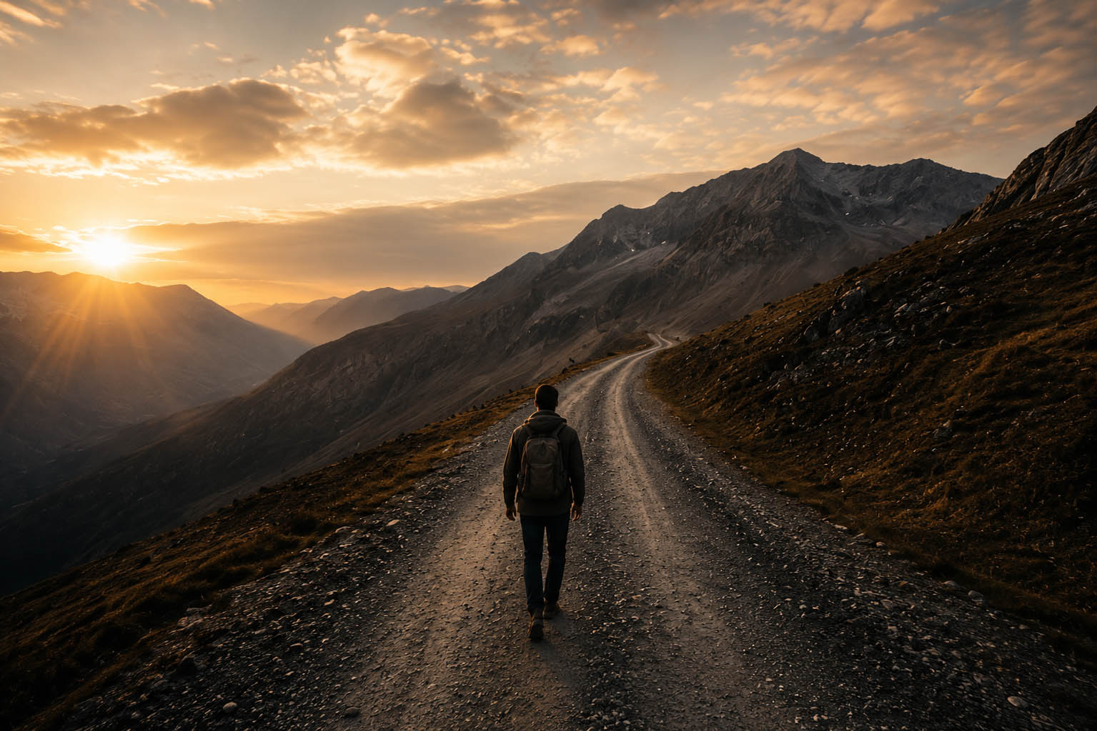 A man with a backpack walking a winding mountain road at dawn, the road climbing toward far peaks.
