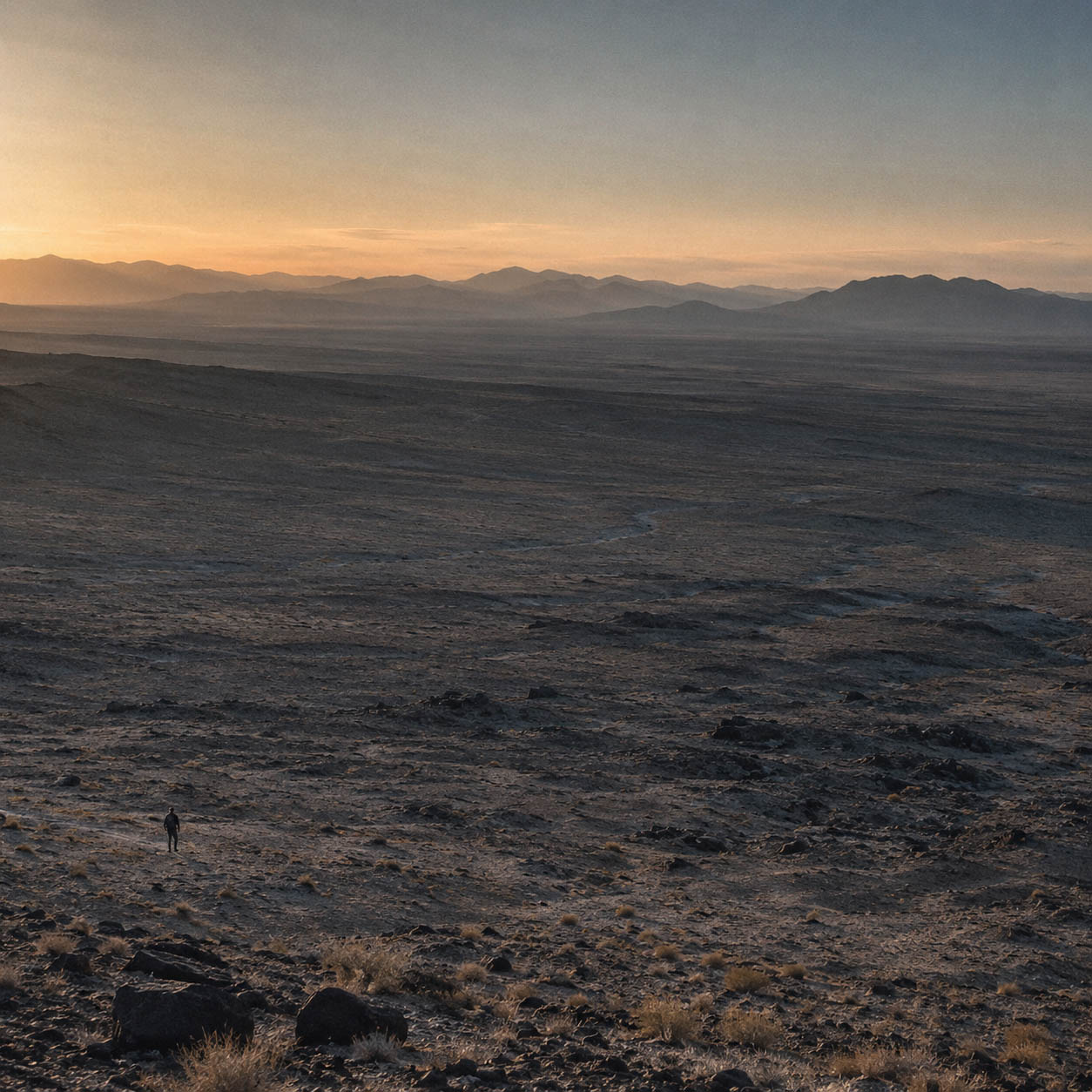 One figure in a wide, empty frame