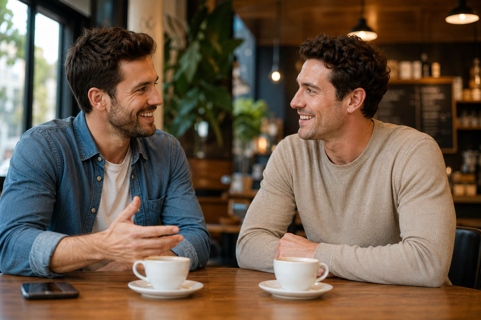 Two men smiling over coffee in a polished, performed accountability conversation