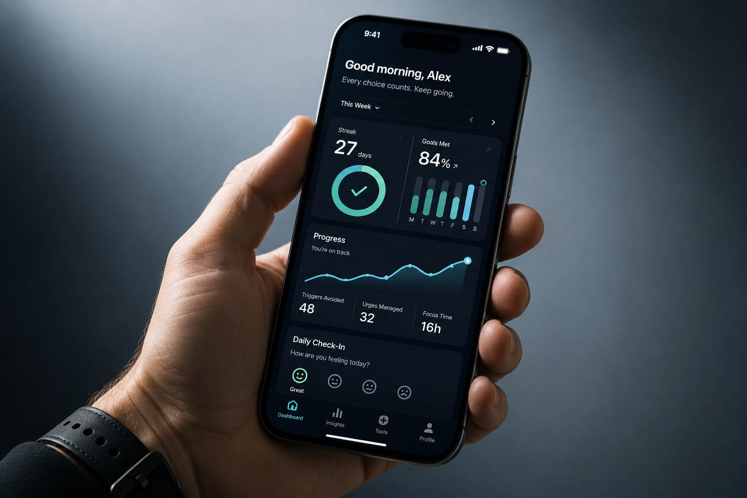 A dashboard framed as transformation, the product cast as the hero.