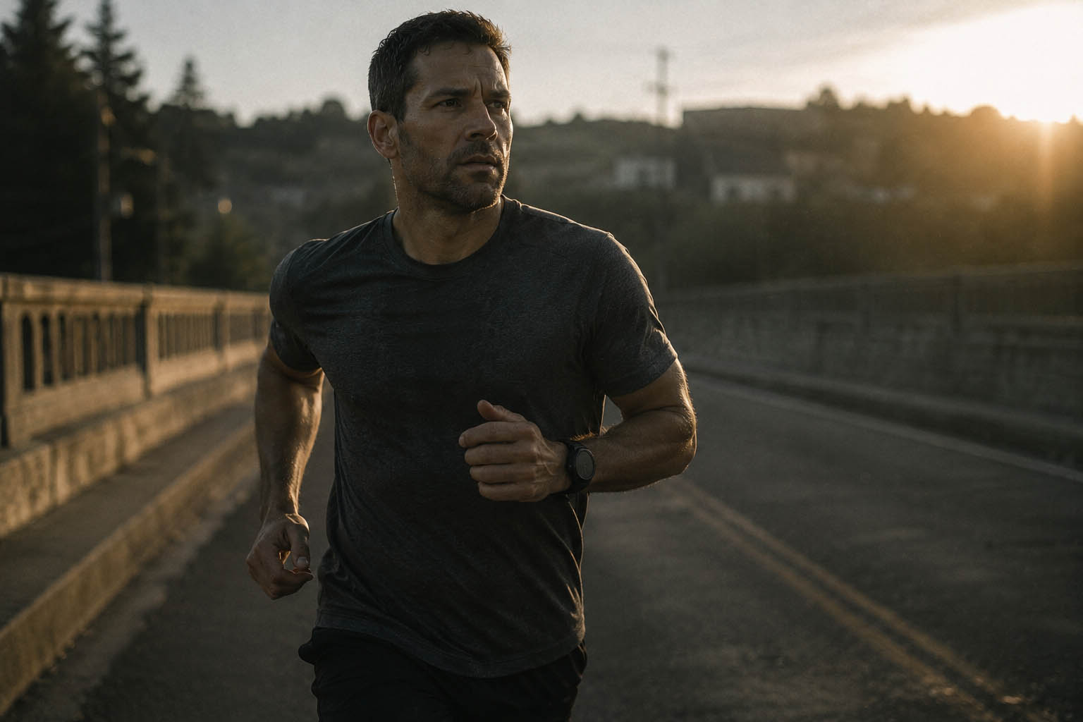 A man on his feet in plain morning light, jaw set, quiet resolve