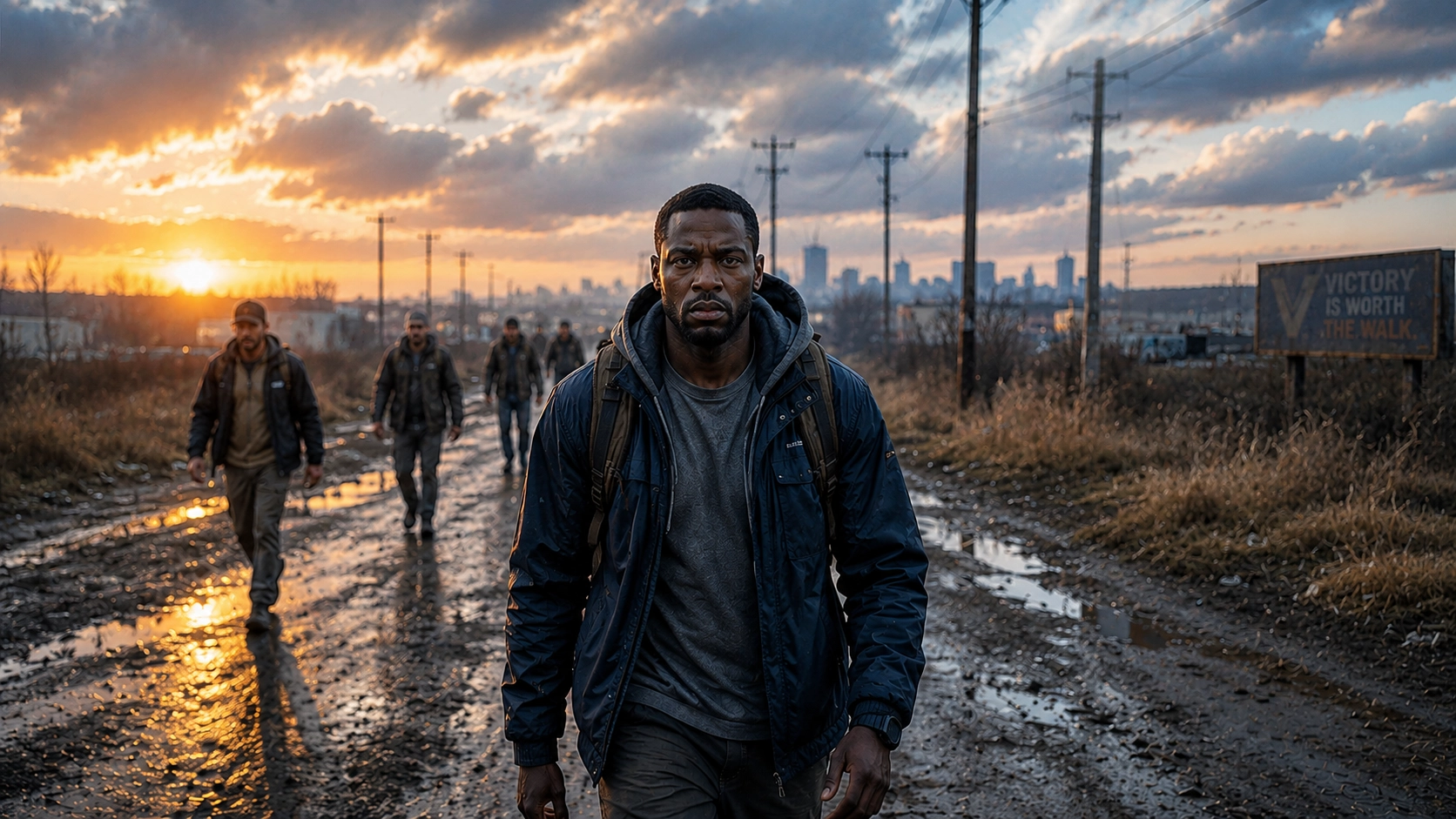 A lone man walking toward the camera through a muddy industrial landscape before sunrise, distant figures behind him, a faint weathered billboard in the background
