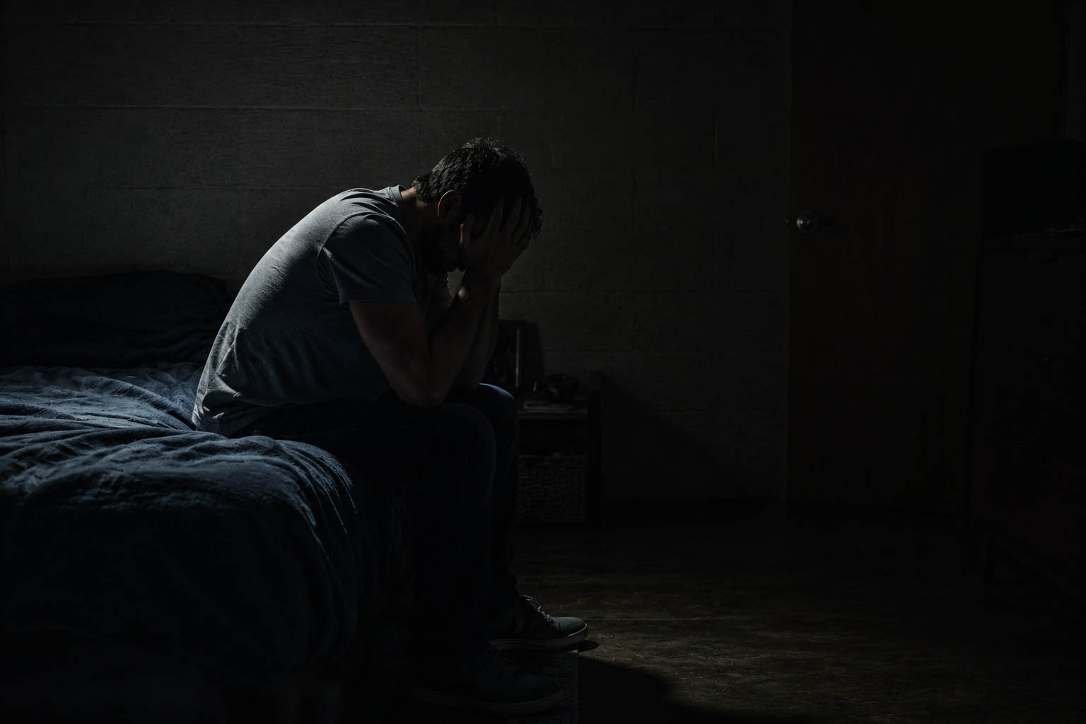 A man in the dark, head in his hands, shame framed as identity