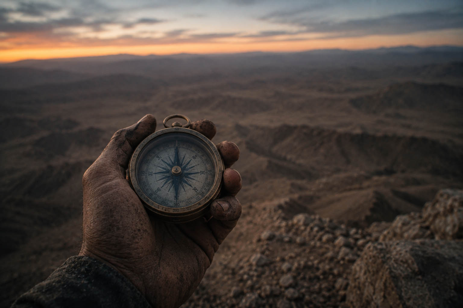 A hand holding a compass against the desert horizon