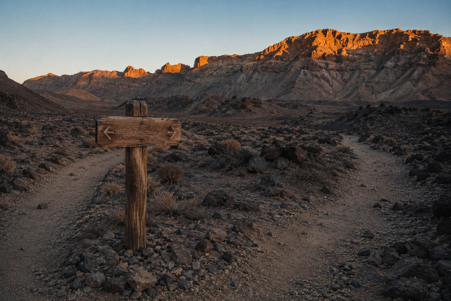A weathered wooden waypoint marker beside the road