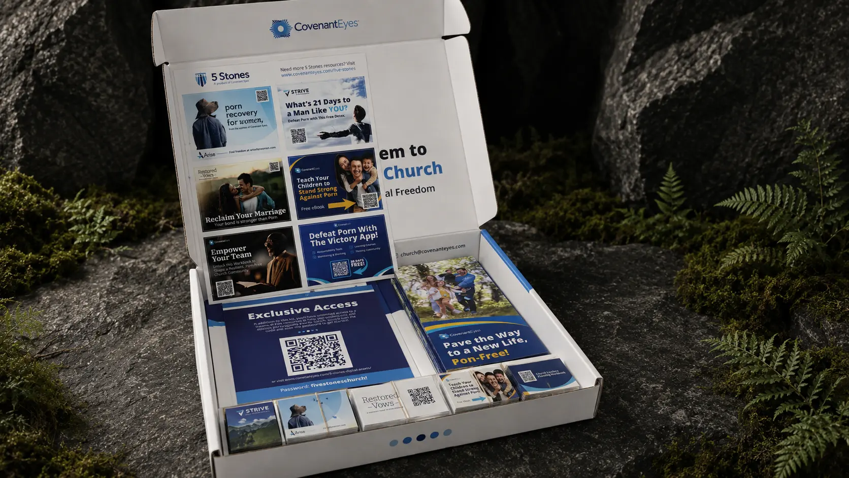 The 5 Stones kit open, its guides and resource cards inside.