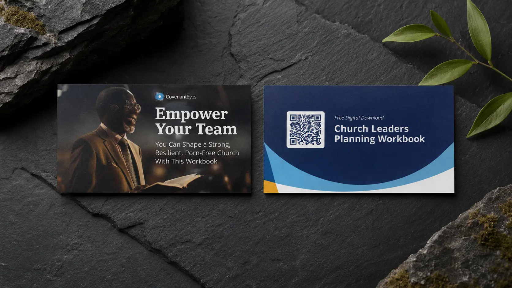 The leadership resource card, front and back, on dark stone: a pastor reading, headed “Empower Your Team”, and a reverse offering a free Church Leaders Planning Workbook with a QR code.