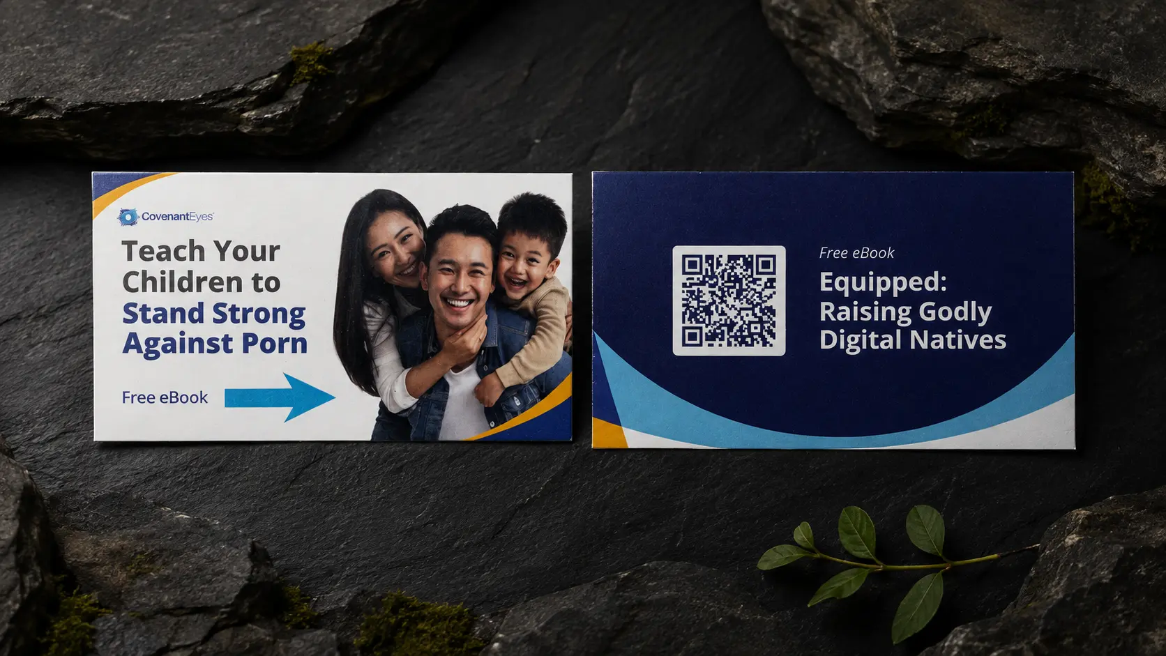 The Equipped resource card, front and back, on dark stone: a family photograph headed “Teach Your Children to Stand Strong Against Porn”, and a reverse offering the free ebook “Equipped: Raising Godly Digital Natives”.