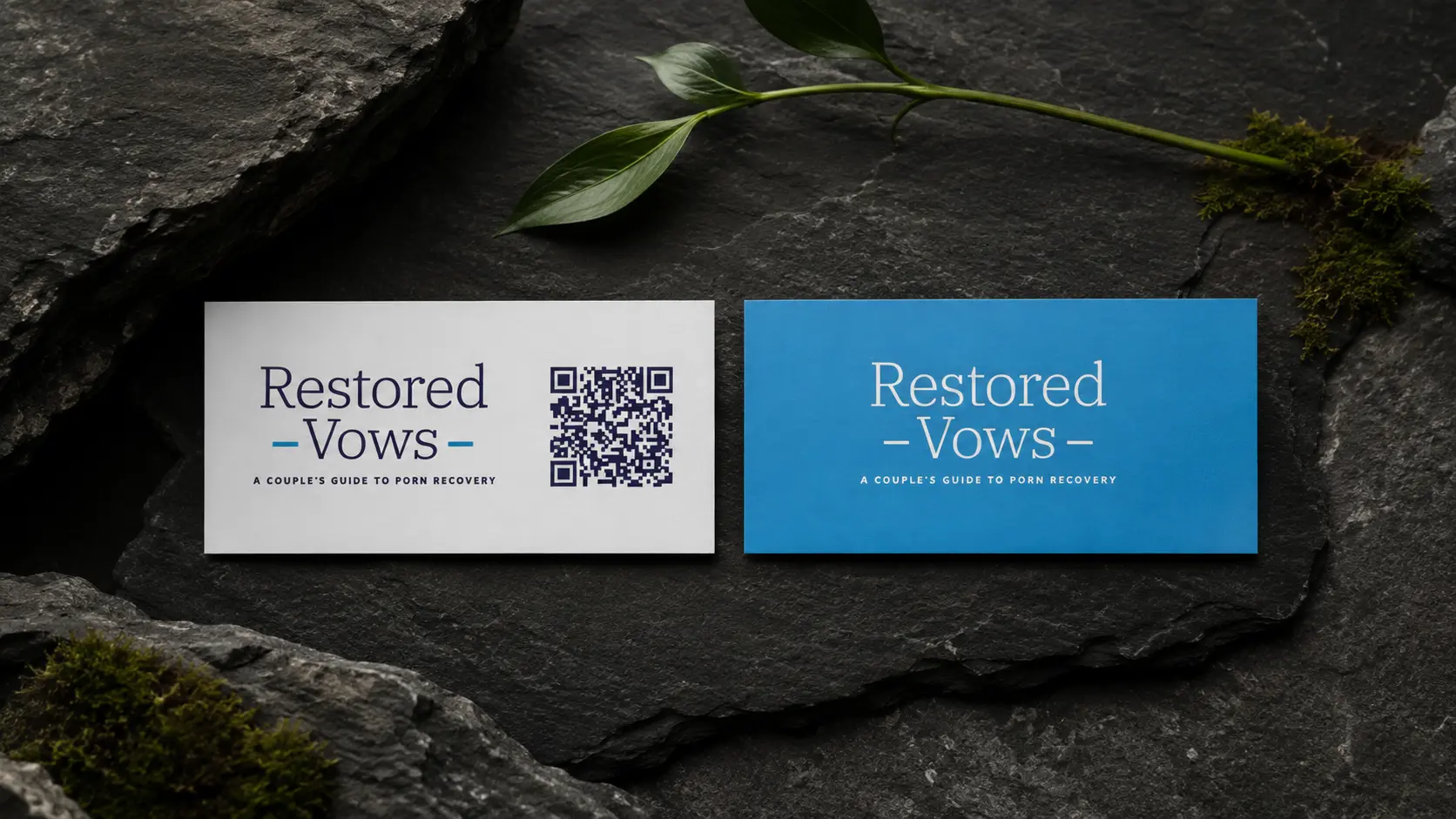 The Restored Vows resource card, front and back, on dark stone: a quiet wordmark reading “Restored Vows — a couple’s guide to porn recovery” with a QR code.
