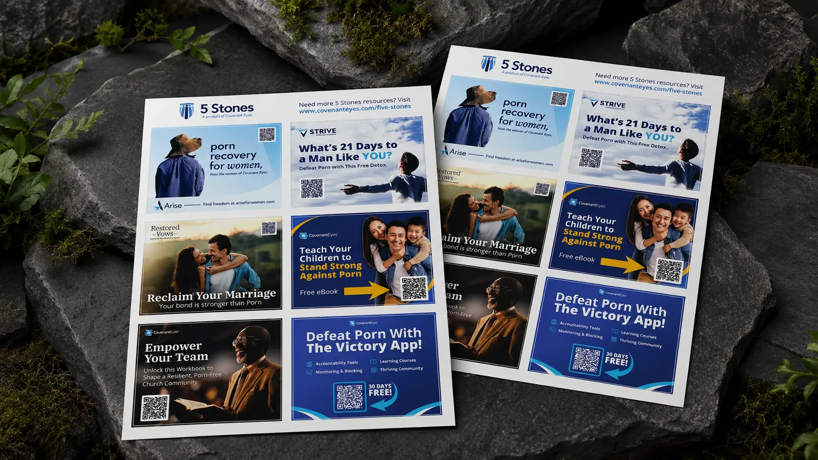 Two 5 Stones sticker sheets on dark stone, each carrying six peel-off stickers: the men&rsquo;s, women&rsquo;s, couples, parents and church-leader resources and the Victory App, every one with its own QR code.