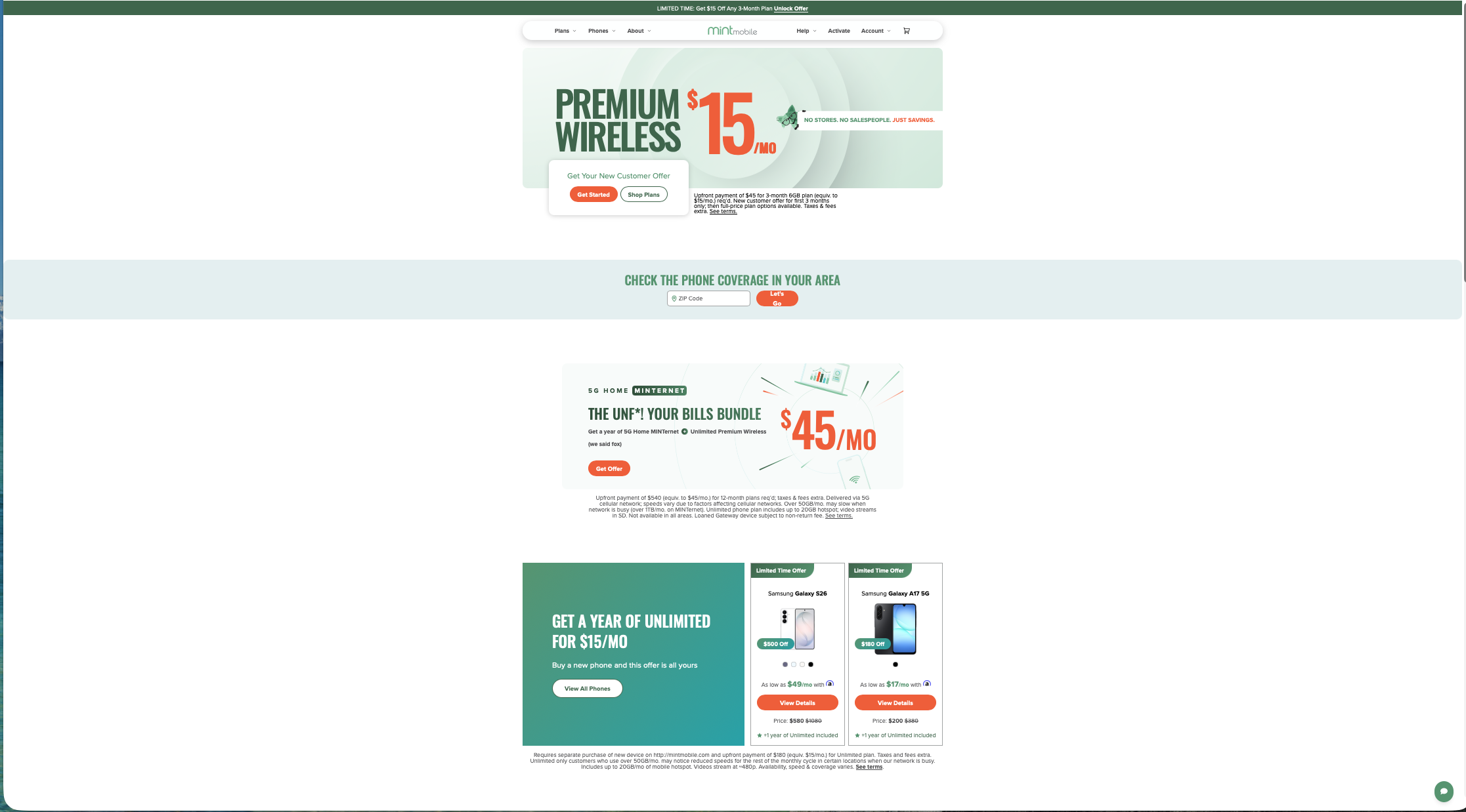 Mint Mobile homepage: low-cost wireless value