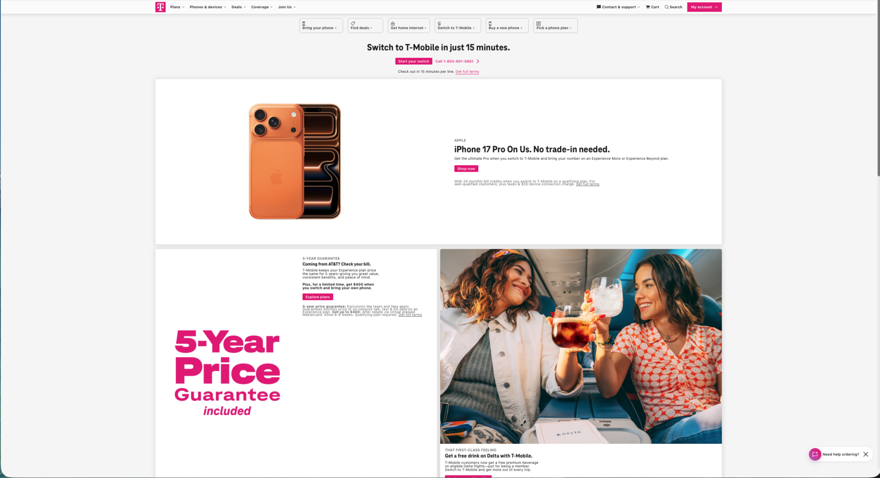 T-Mobile homepage: switching incentives and perks
