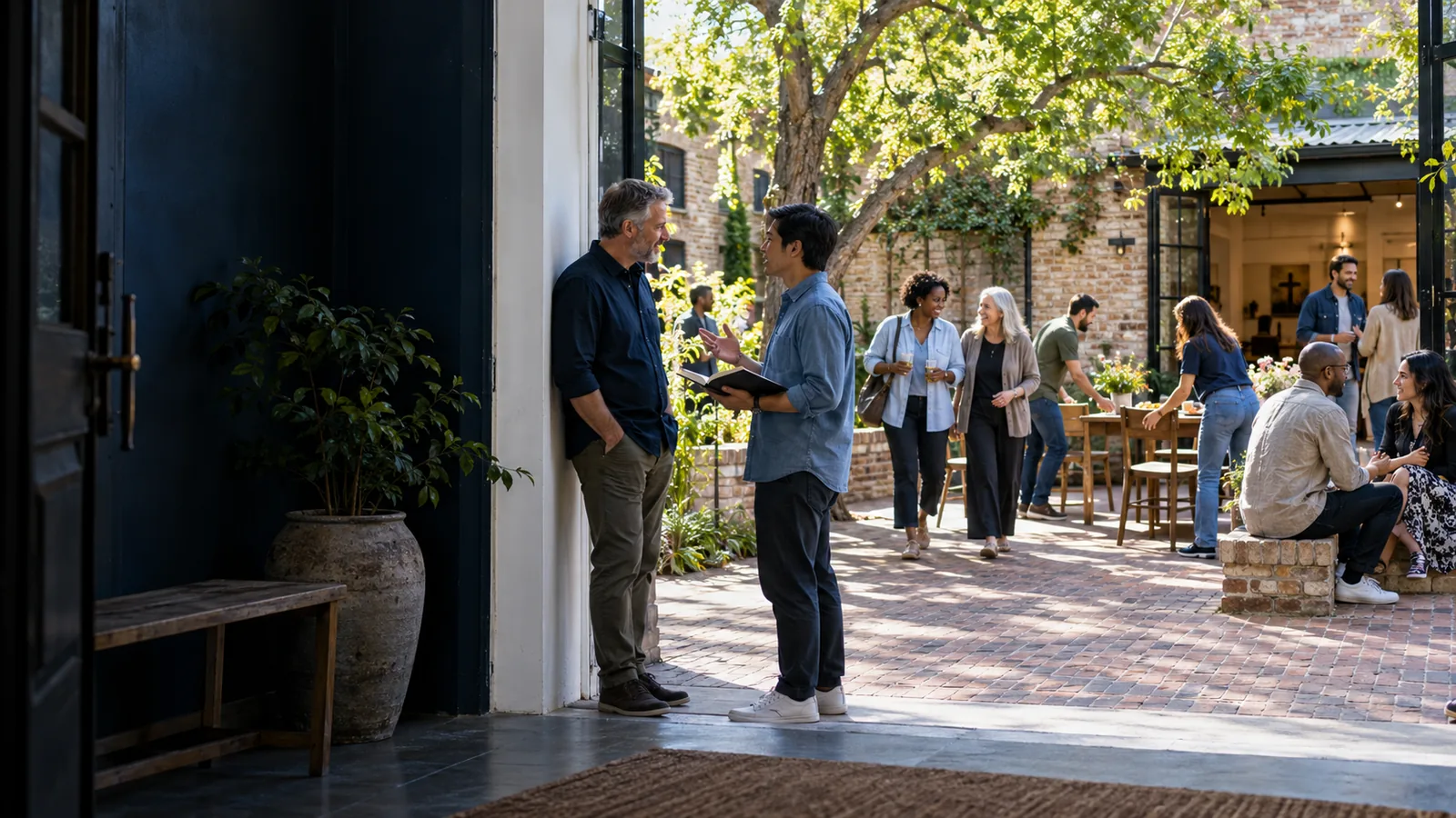 Two men talking in a shaded church doorway while people gather and talk in the sunlit courtyard beyond.