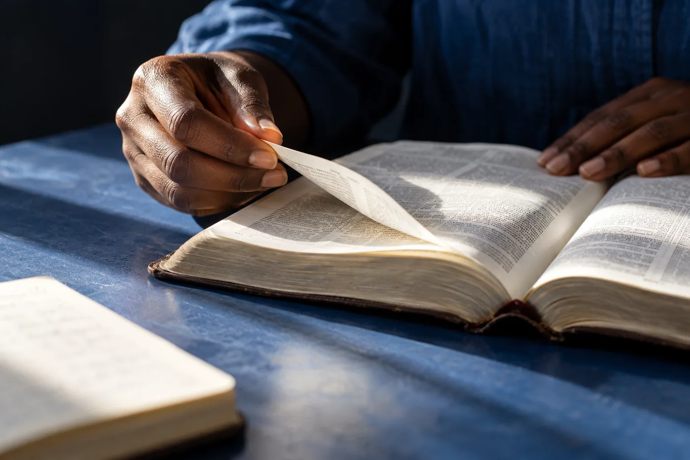 A hand turning the page of an open Bible on a deep blue table, with a notebook beside it.