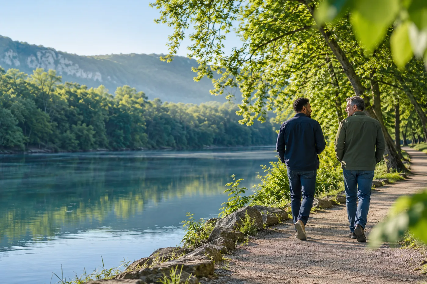 Two men walking and talking along a wooded path beside a calm river in morning light.