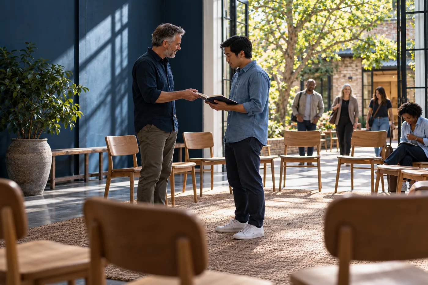 A pastor and a younger leader standing together over an open book in a bright meeting room as people arrive.