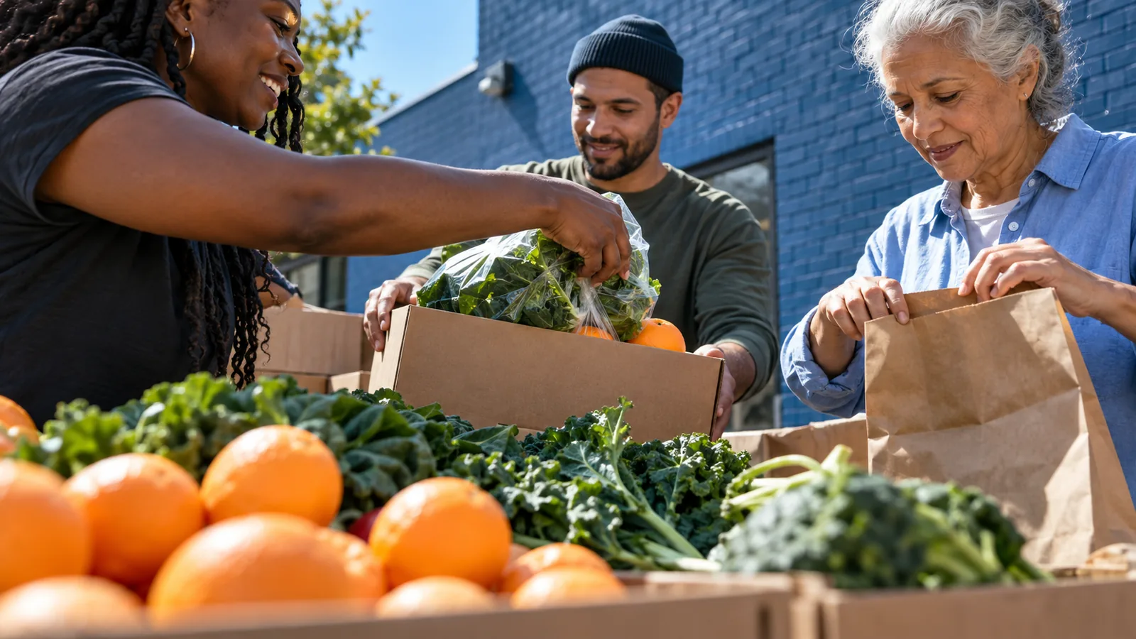 Three volunteers packing oranges and greens into boxes and paper bags at an outdoor food distribution.