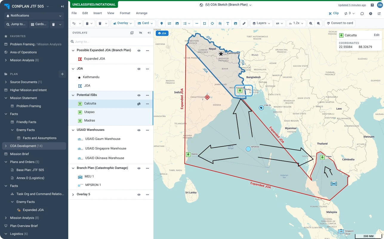 Onebrief product, as published: a COA sketch map of a notional plan with overlays, and a Convert to card control in the toolbar.