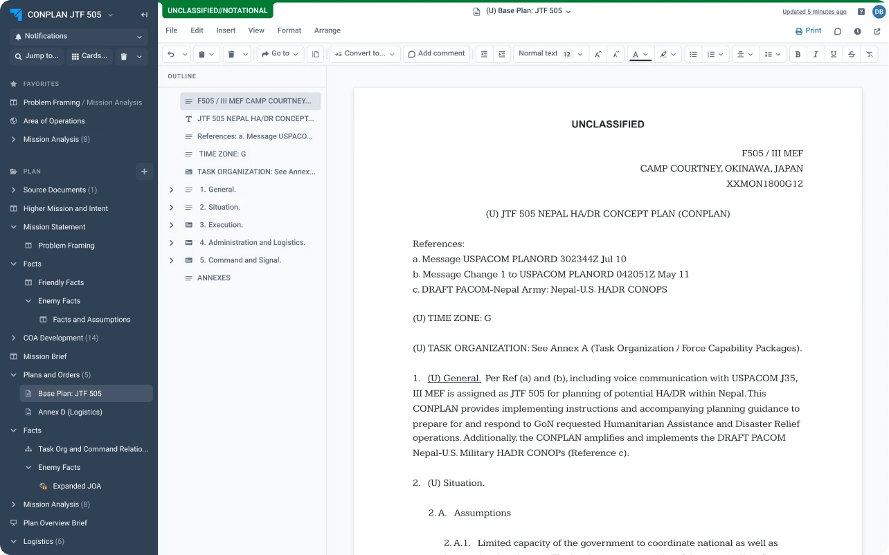 Onebrief product, as published: the base plan document for JTF 505, with an outline beside formatted plan text.