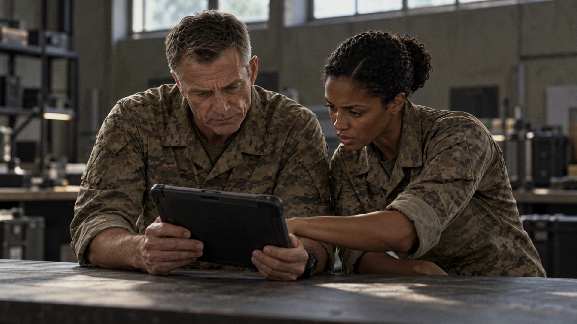 A senior officer and an analyst lean over one tablet, reading the same picture.