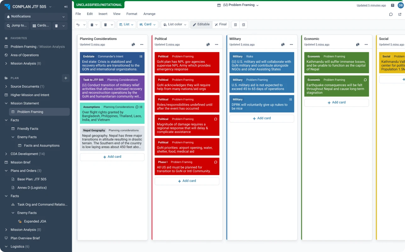 Onebrief product image: a problem-framing board with columns of Cards grouped as Planning considerations, Political, Military and Economic.